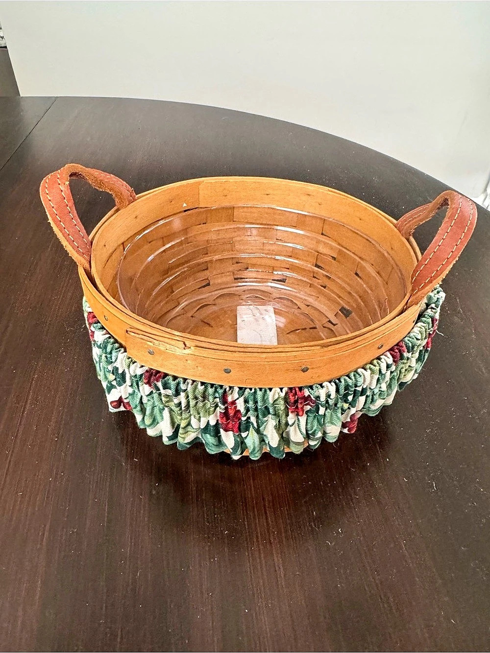 Longaberger Round Basket with Leather Handles and Liner Brown & Green